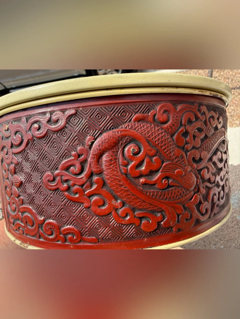 Vintage Chinese Dragon Box Round Lidded Gold Cinnabar Style Trinket 8”